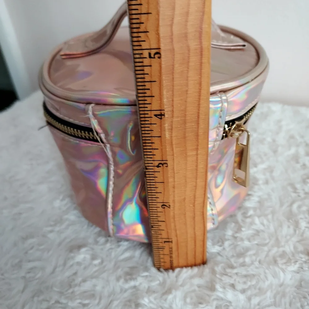 Small Round Retro Iridescent Pink makeup carrying case bag Travel Vacation